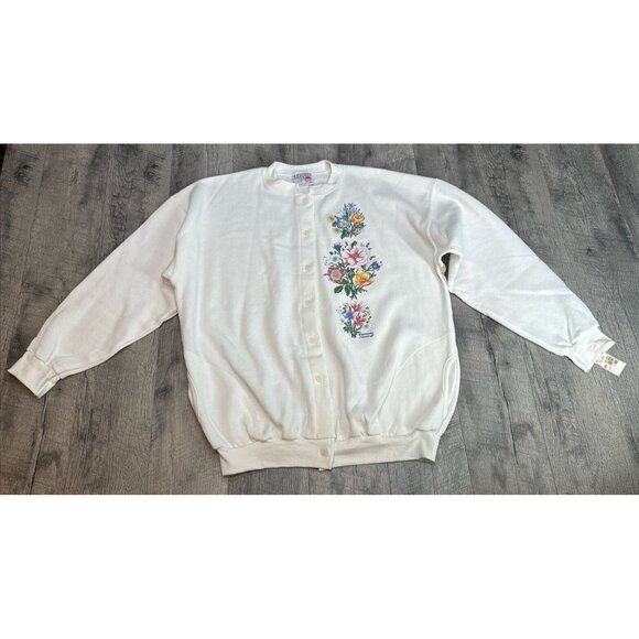 Vintage Morning Sun Sweatshirt Grandma Flower Button Up White USA Made NEW - Picture 1 of 12